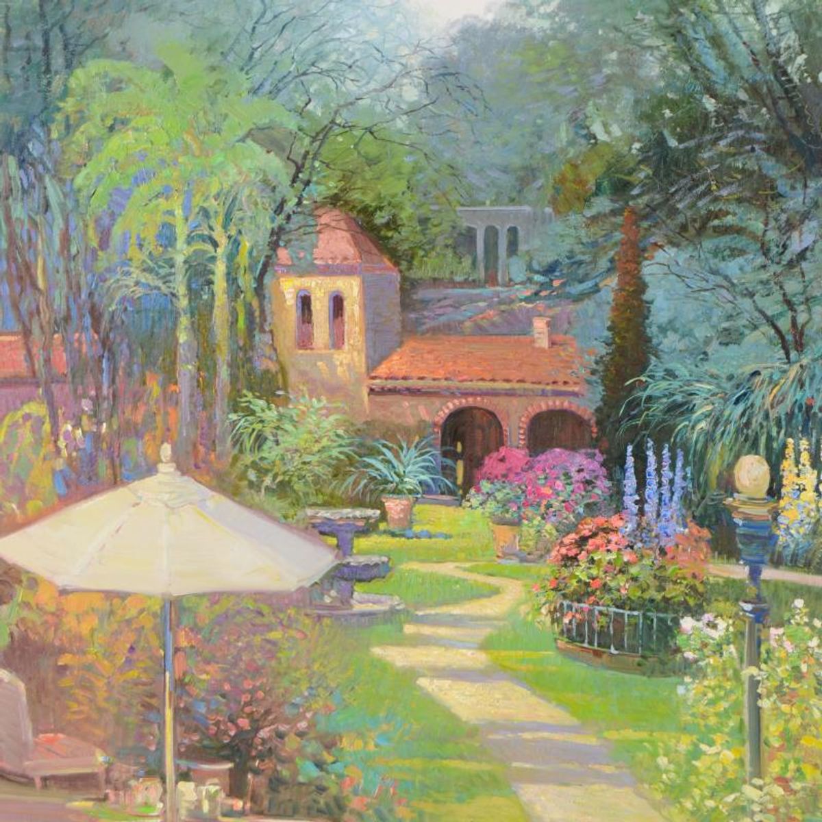 Ming Feng, "Hidden Hacienda" Original Oil Painting on Canvas, Hand Signed with Letter of Authenticity.