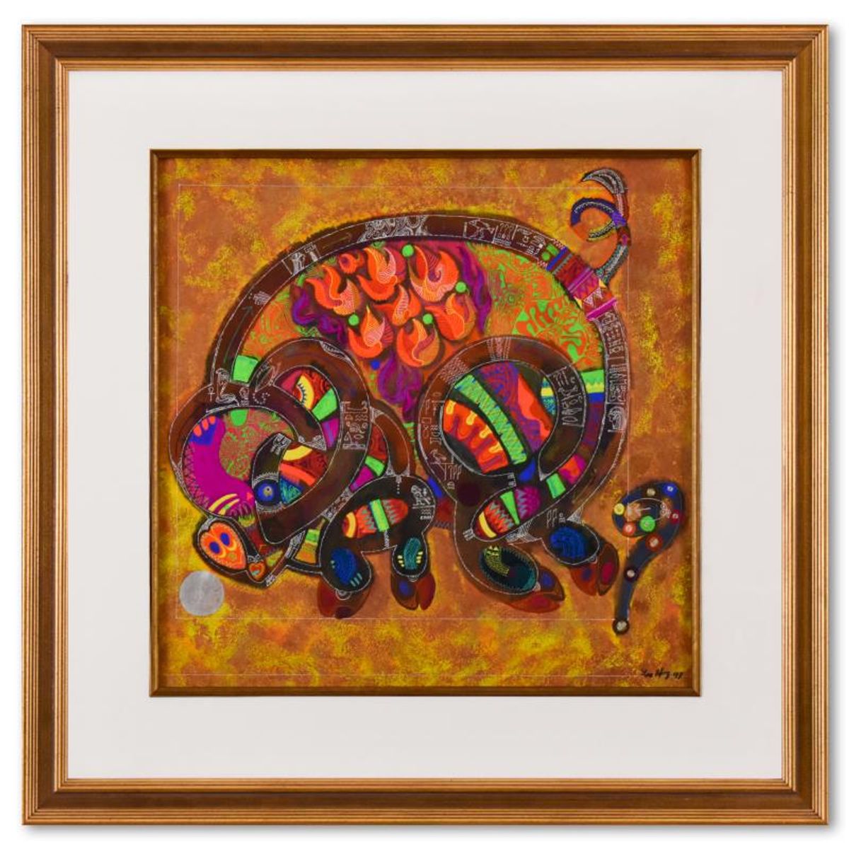 Lu Hong, "Fire Pig (1997)" Framed Original Mixed Media Painting, Hand Signed with Letter of Authenticity.