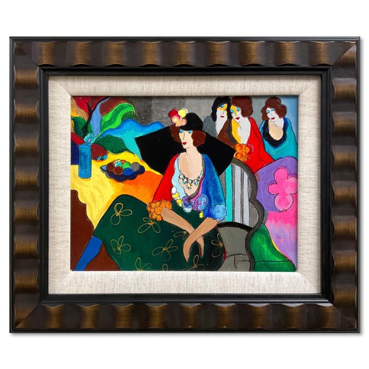 Itzchak Tarkay (1935-2012), "Gossip" Framed One-of-a-Kind Mixed Media Over Paint on Wood, Hand Signed with Letter of Authenticity