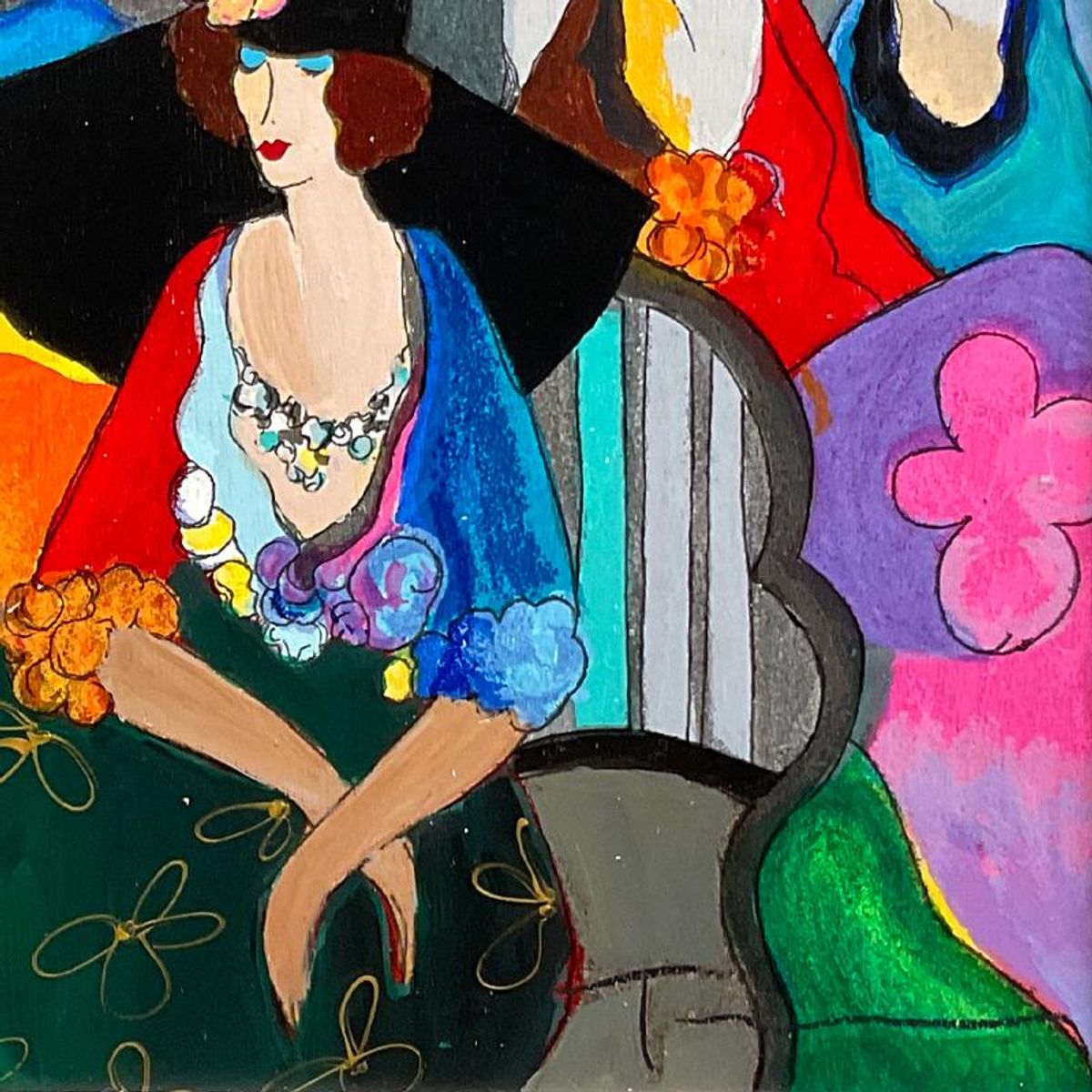 Itzchak Tarkay (1935-2012), "Gossip" Framed One-of-a-Kind Mixed Media Over Paint on Wood, Hand Signed with Letter of Authenticity