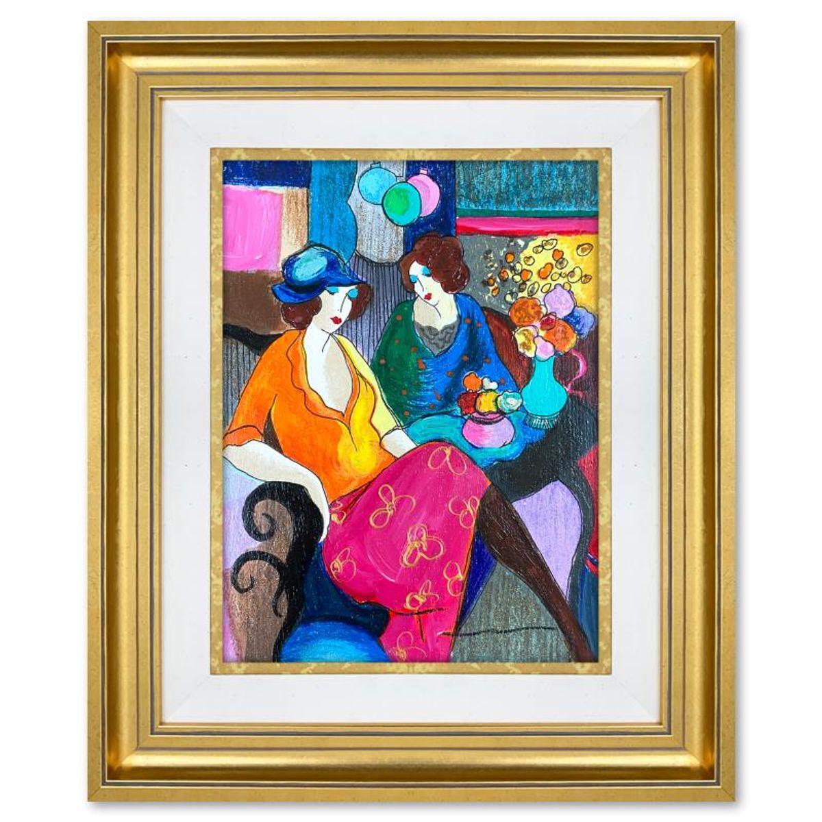 Itzchak Tarkay (1935-2012), "Chit Chat" Framed One-of-a-Kind Mixed Media Over Paint on Wood, Hand Signed with Letter of Authenticity