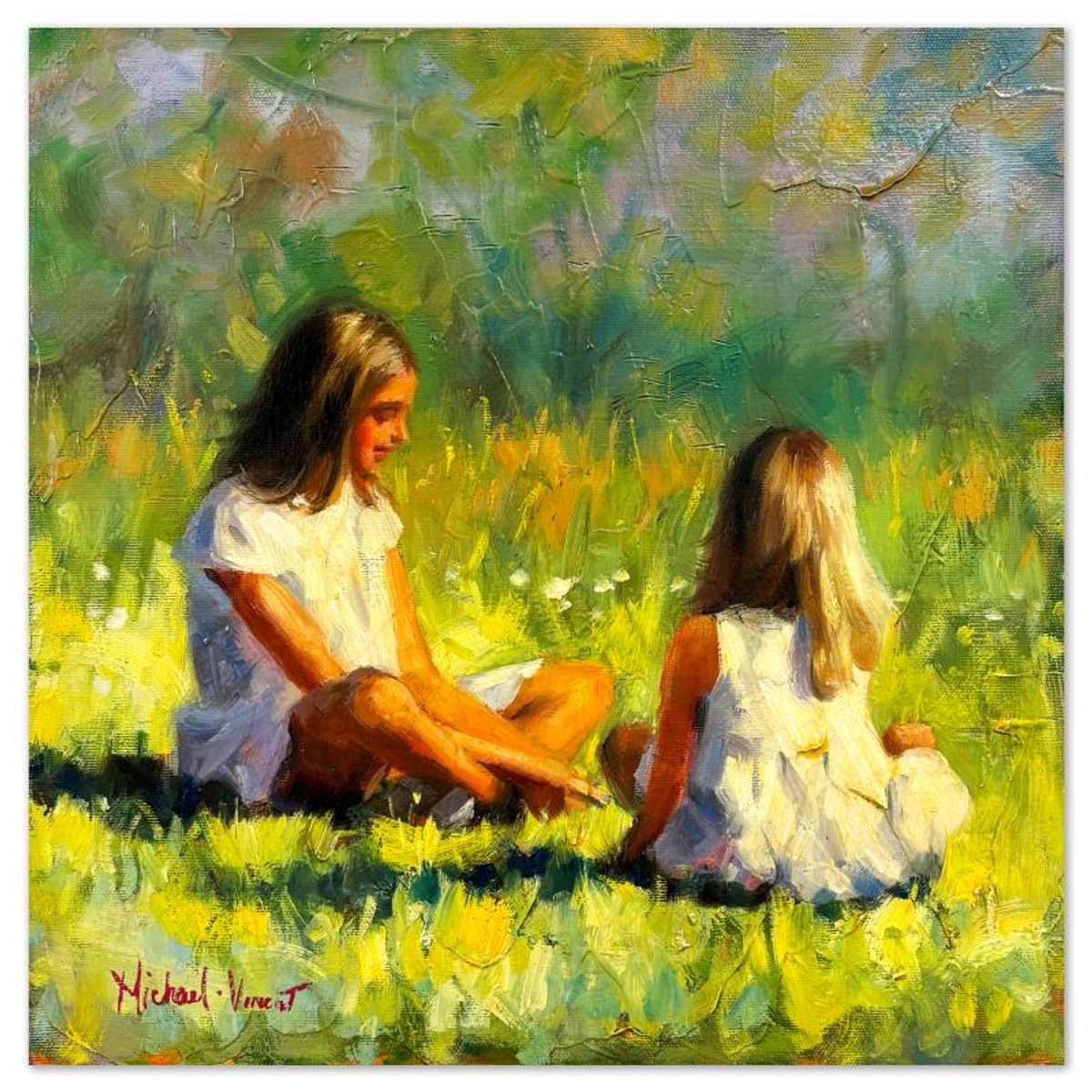 Michael Vincent, "Storytime" Original Painting on Canvas, Hand Signed with Letter of Authenticity.