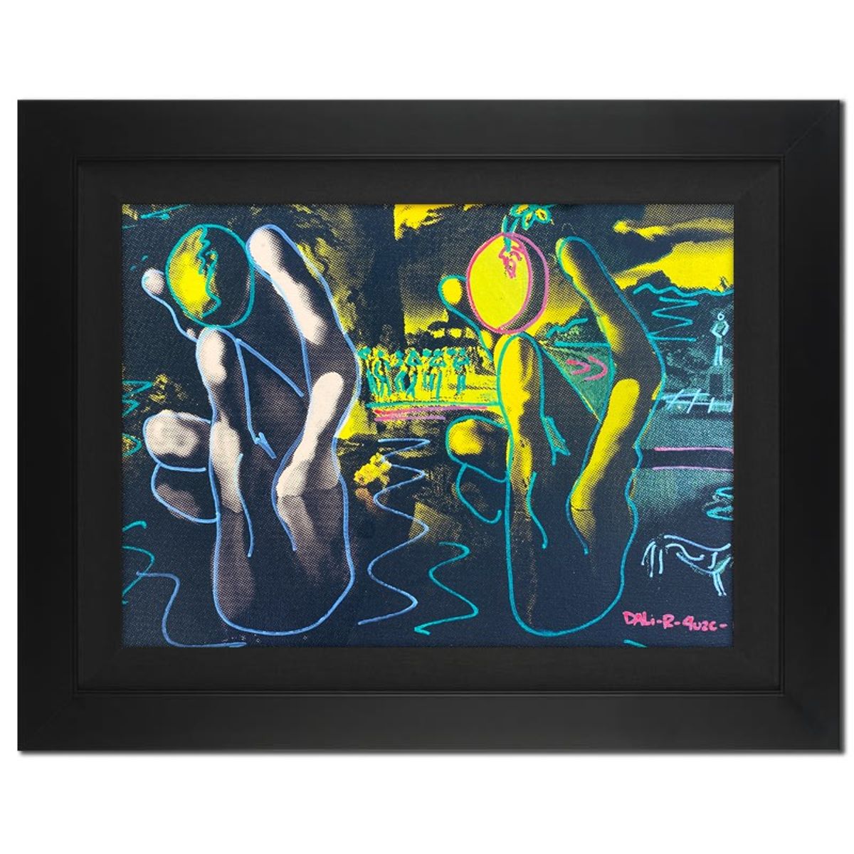 "Ringo" Daniel Funes, "Salvador Dali Hand Holding Eggs" Framed One-of-a-Kind Mixed Media on Canvas, Hand Signed by the artist and Steve Kaufman (1960-2010) with Letter of Authenticity.
