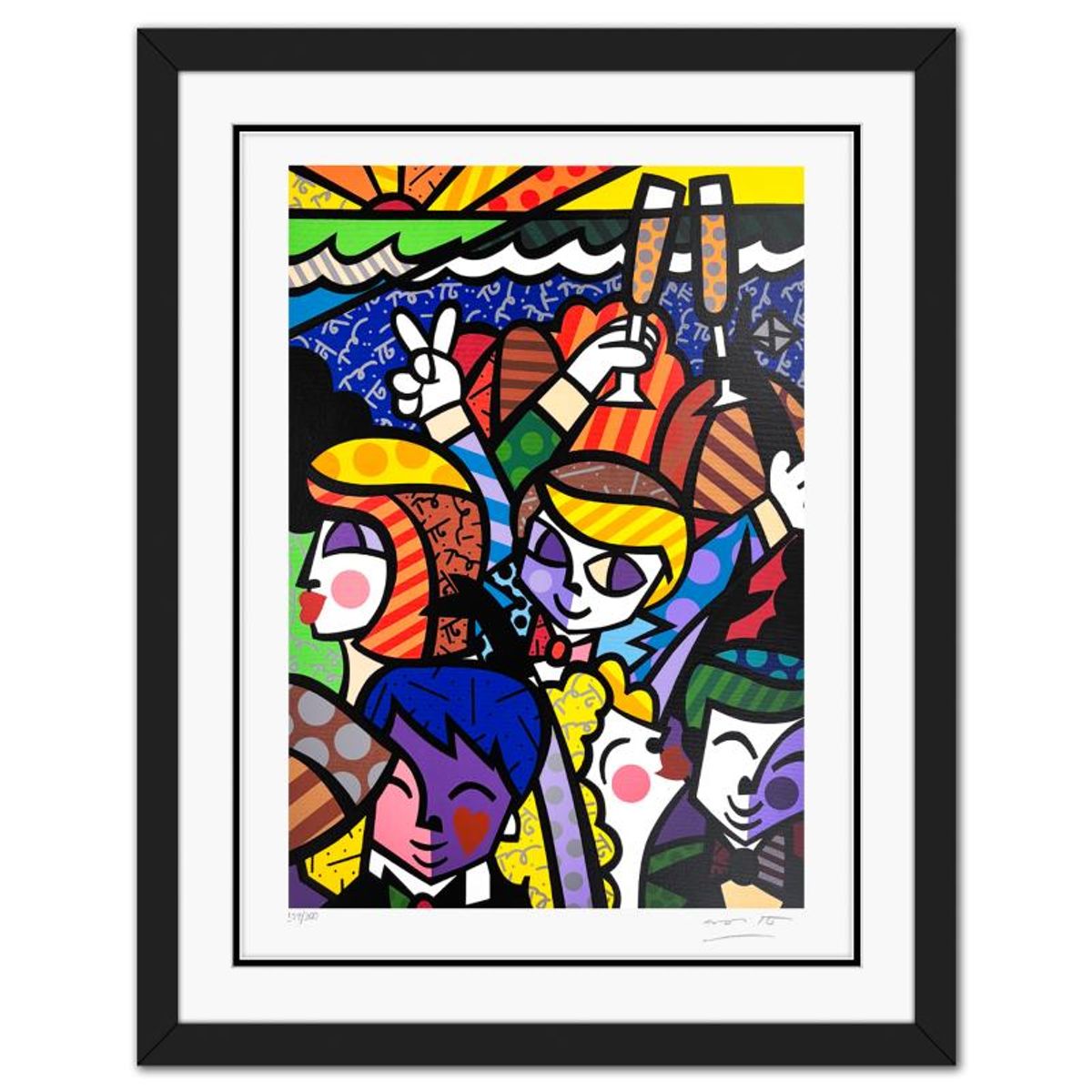 Britto, "Celebration" Framed Limited Edition Serigraph, Numbered and Hand Signed with Letter of Authenticity.