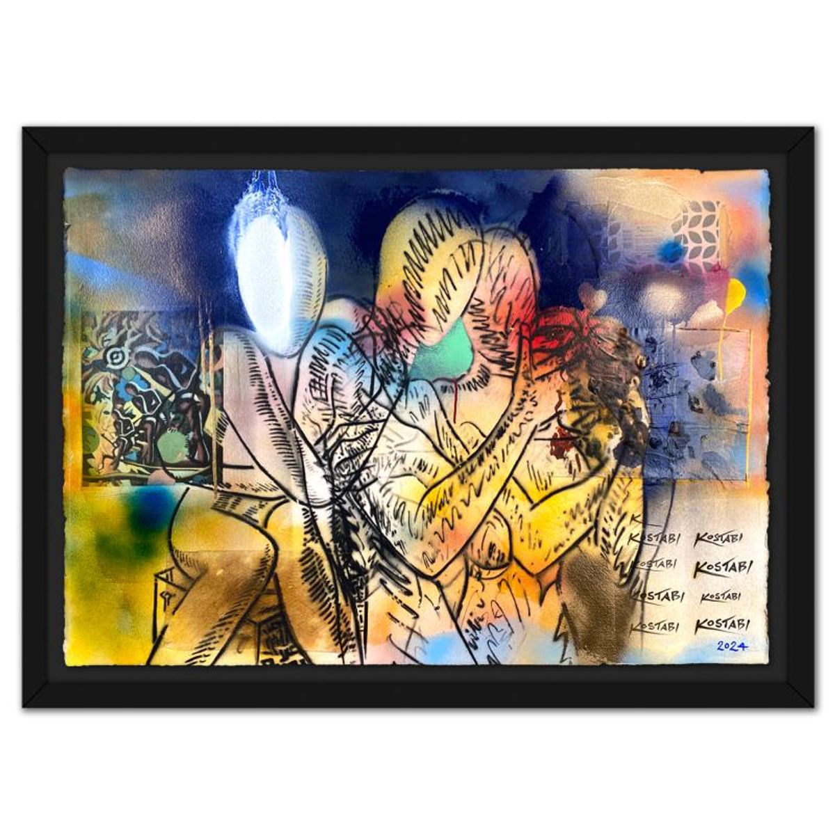 Mark Kostabi, "A Celebration Beyond Time" Framed Original Mixed Media Painting, Hand Signed with Certificate of Authenticity.