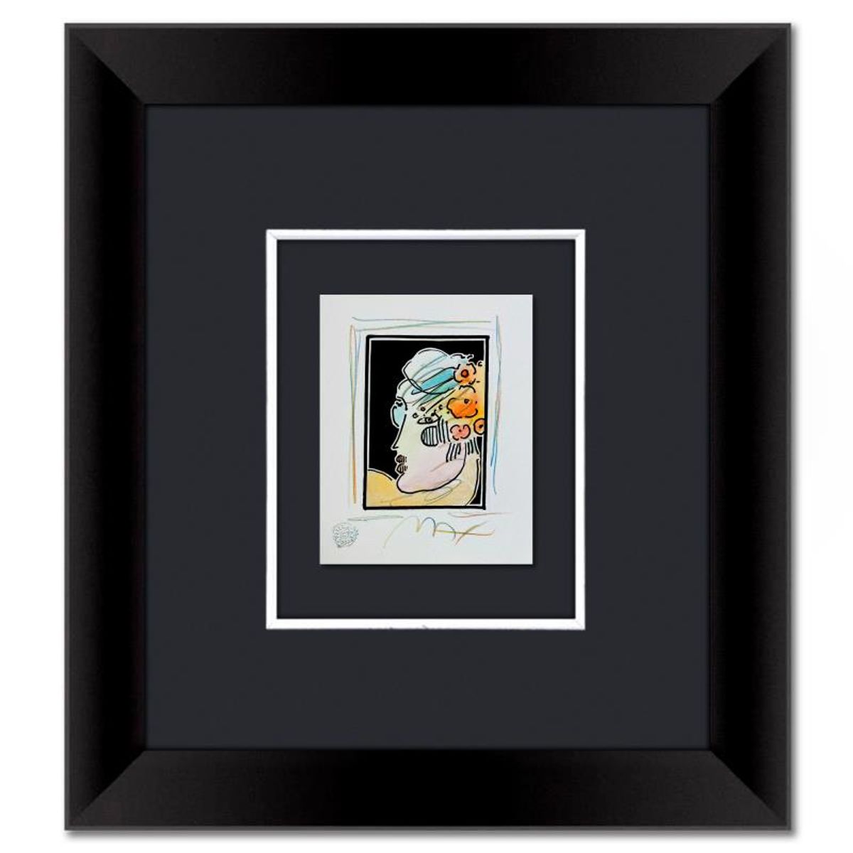 Peter Max, "Lady with Profile and Flowers III" Framed One-of-a-Kind Mixed Media, Hand Signed with Registration Number Certifying Authenticity.