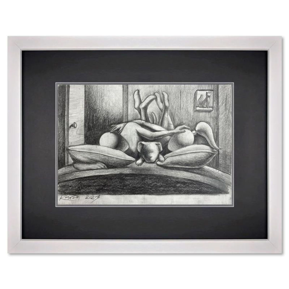 Mark Kostabi, "Puppy Love" Framed Original Drawing on Paper, Hand Signed with Certificate of Authenticity