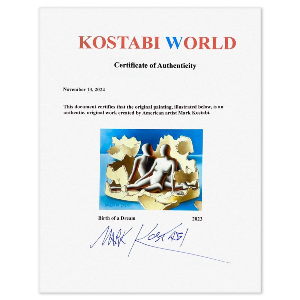 Mark Kostabi, "Birth of a Dream" Framed Original Oil Painting on Canvas, Hand Signed with Letter of Authenticity.