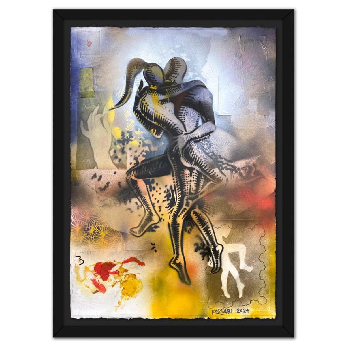 Mark Kostabi, "Our Golden Moment" Framed Original Mixed Media Painting, Hand Signed with Certificate of Authenticity.