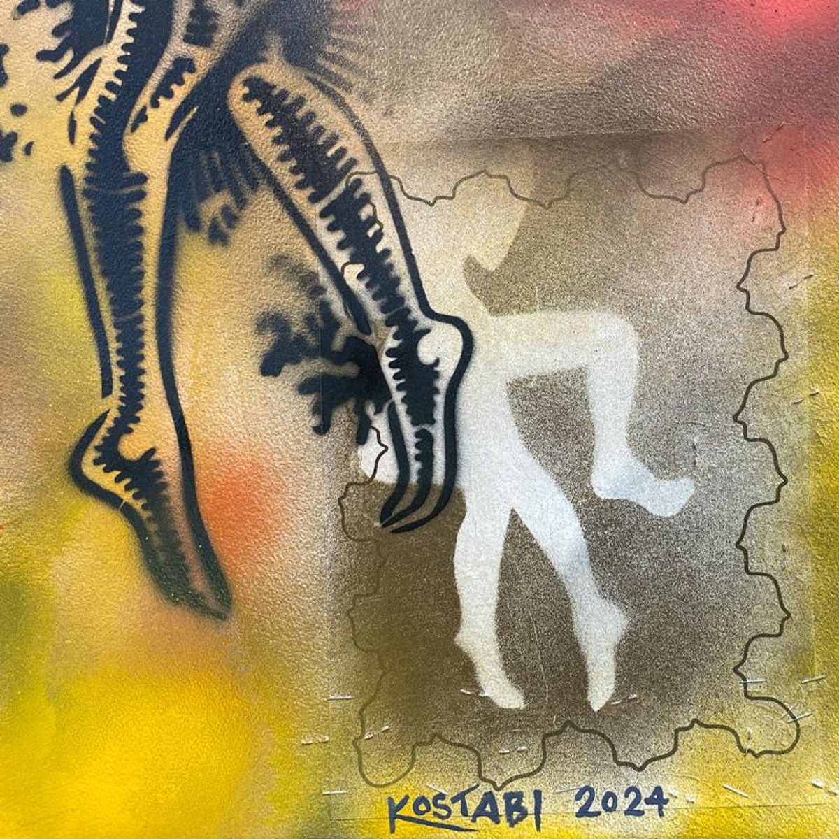 Mark Kostabi, "Our Golden Moment" Framed Original Mixed Media Painting, Hand Signed with Certificate of Authenticity.