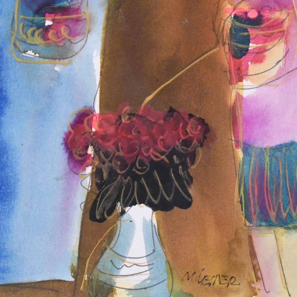 Moshe Leider, Framed Original Mixed Media Watercolor Painting, Hand Signed with Letter of Authenticity.