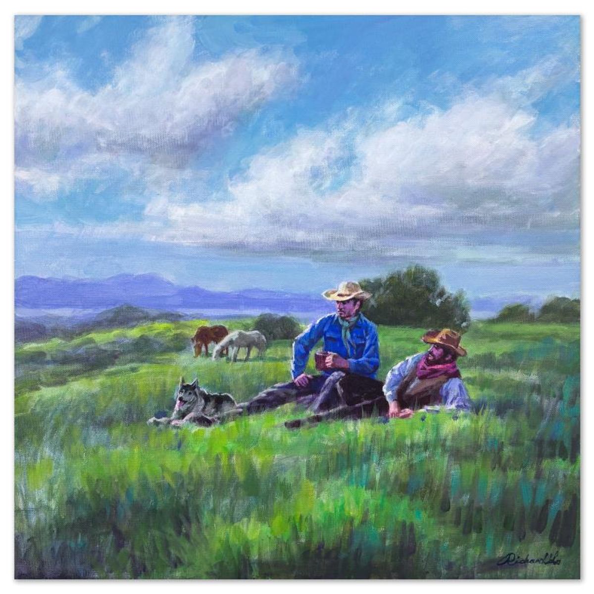 Richard Ho, "Coffee Break" Original Acrylic Painting on Canvas, Hand Signed with Letter of Authenticity.