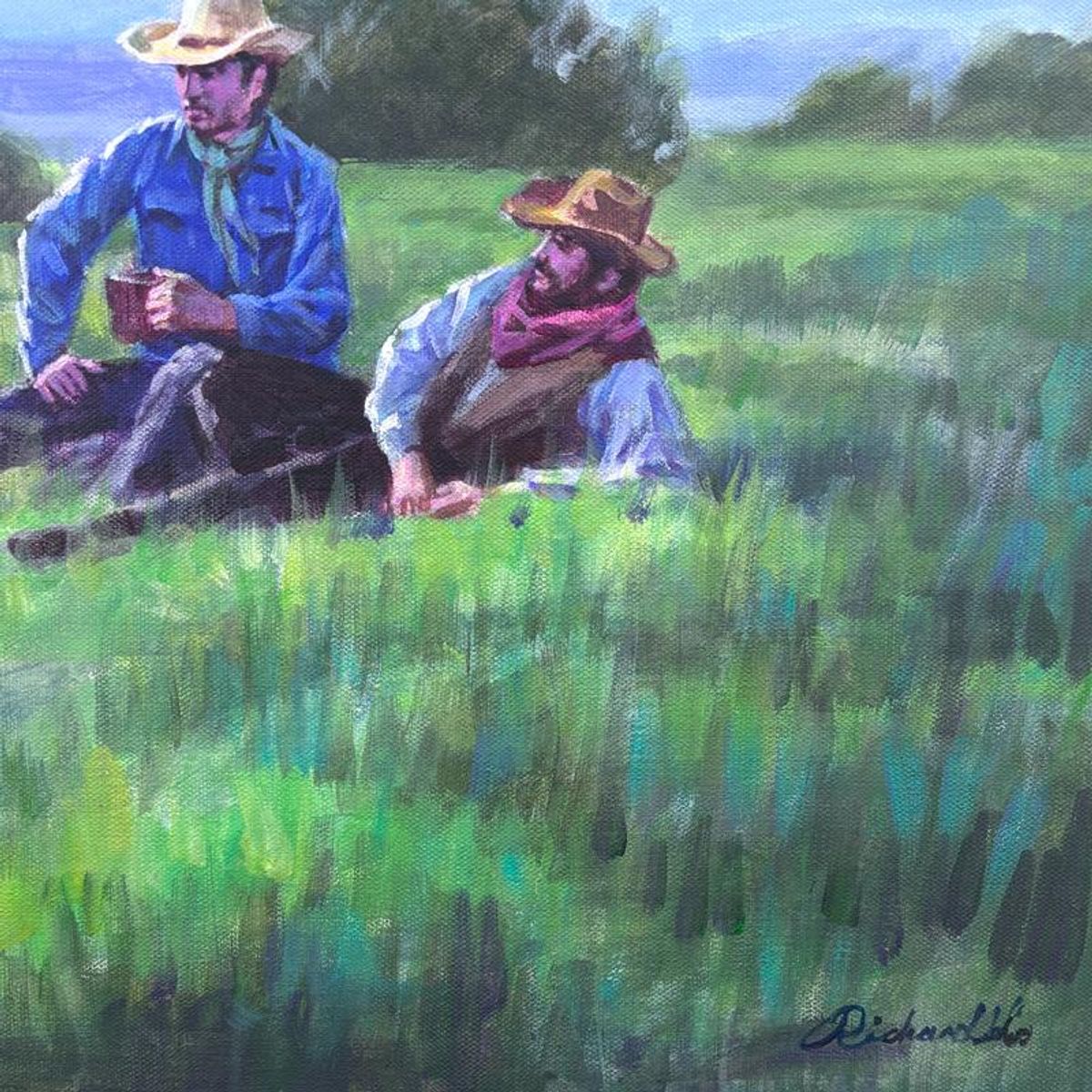 Richard Ho, "Coffee Break" Original Acrylic Painting on Canvas, Hand Signed with Letter of Authenticity.