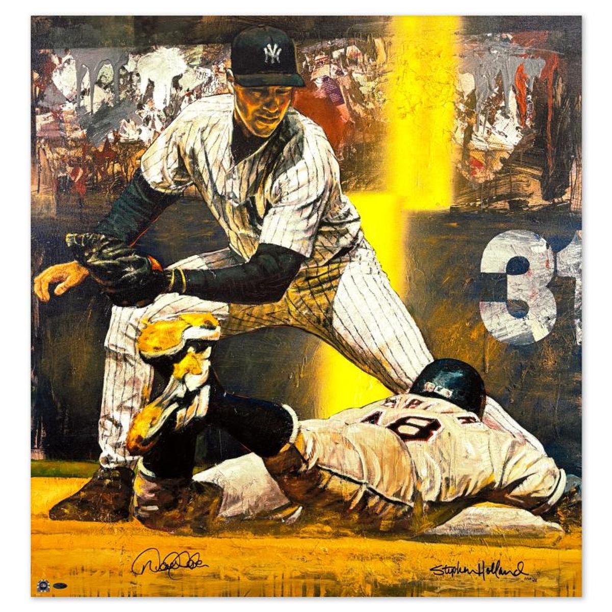Stephen Holland, "Derek Jeter Making the Tag" Hand Enhanced Limited Edition on Canvas, AP Numbered 10/22 and Hand Signed by the Artist and Derek Jeter with Certificate of Authenticity.