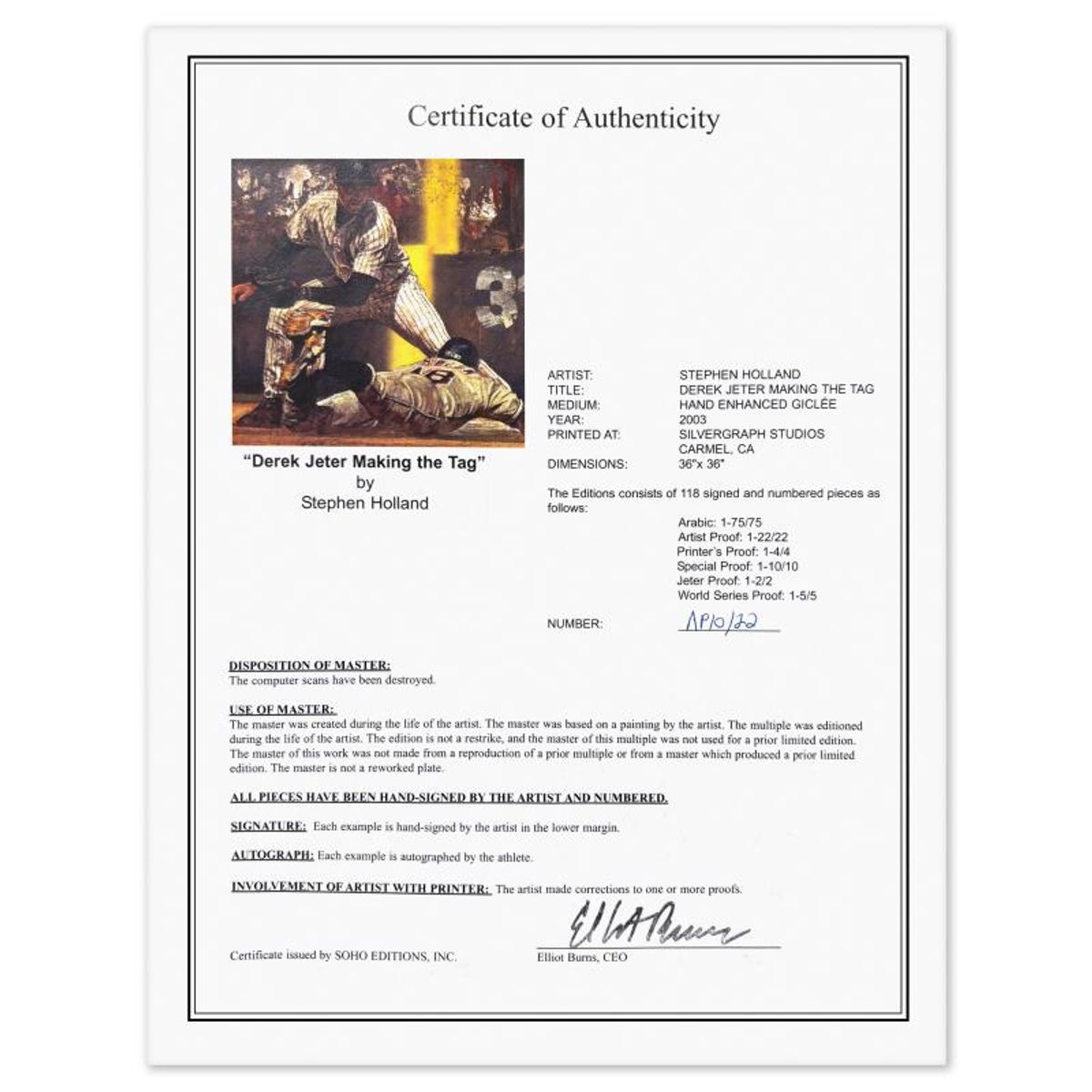 Stephen Holland, "Derek Jeter Making the Tag" Hand Enhanced Limited Edition on Canvas, AP Numbered 10/22 and Hand Signed by the Artist and Derek Jeter with Certificate of Authenticity.
