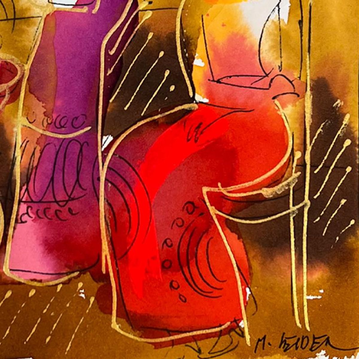 Moshe Leider, Framed Original Mixed Media Watercolor Painting, Hand Signed with Letter of Authenticity.