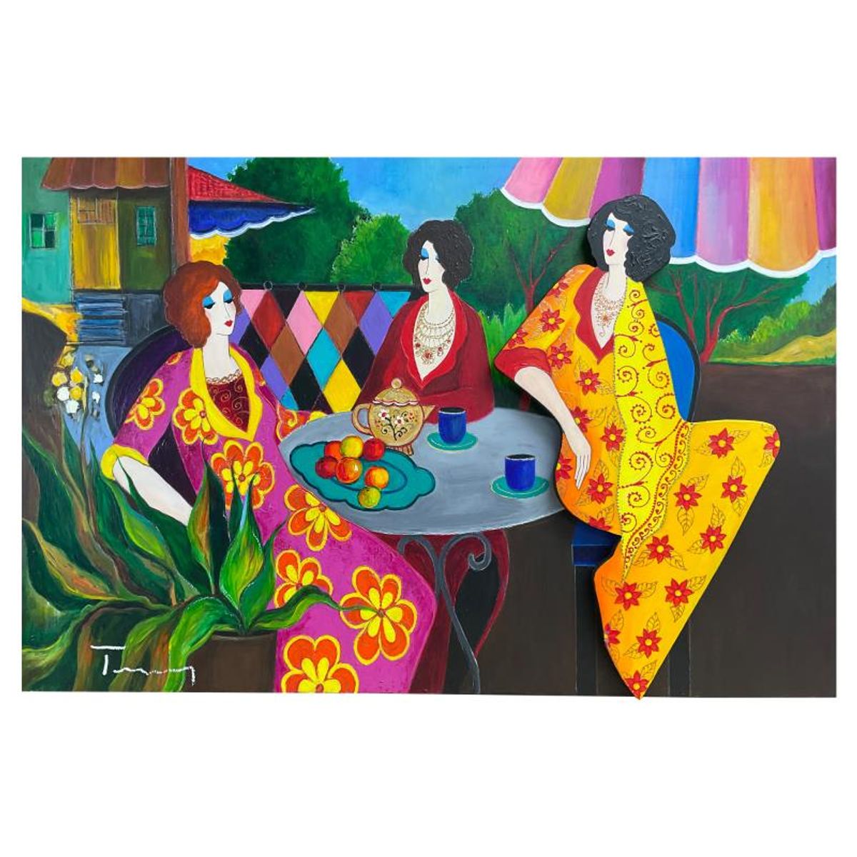 Itzchak Tarkay (1935-2012), "Spring Afternoon" One-of-a-Kind 3-Dimensional Mixed Media Over Paint on Wood, Hand Signed with Letter of Authenticity