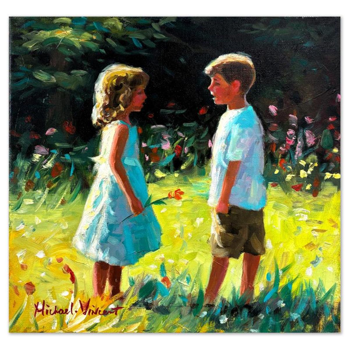 Michael Vincent, "A Flower for a Friend" Original Painting on Canvas, Hand Signed with Letter of Authenticity.