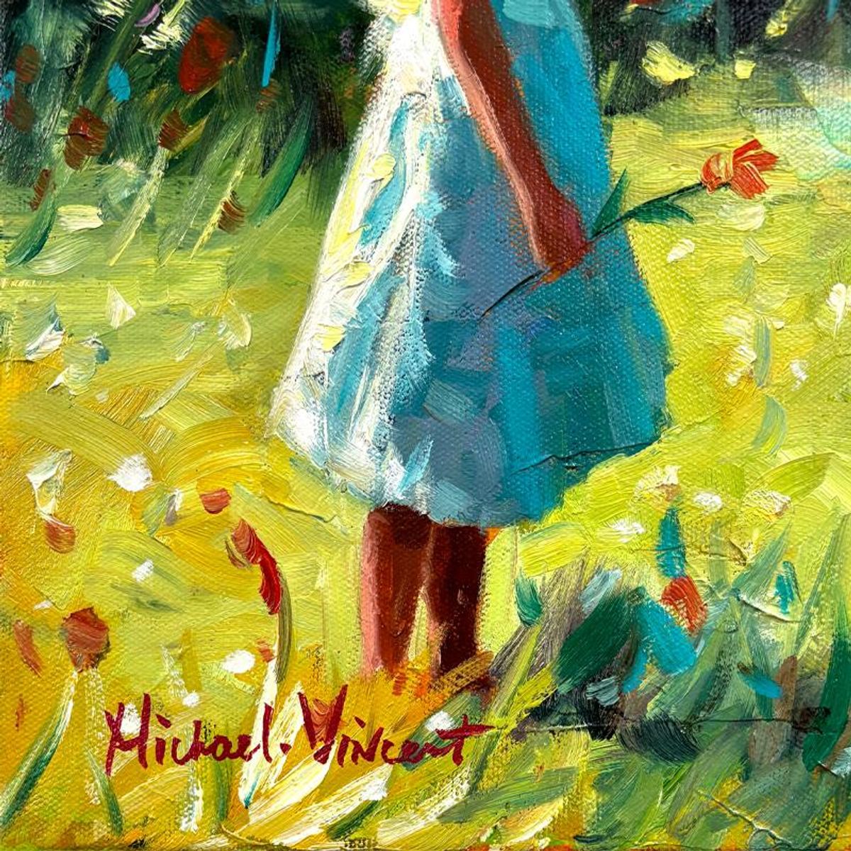 Michael Vincent, "A Flower for a Friend" Original Painting on Canvas, Hand Signed with Letter of Authenticity.