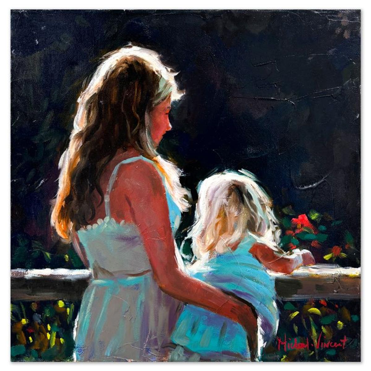 Michael Vincent, "First Red Flower" Original Painting on Canvas, Hand Signed with Letter of Authenticity.