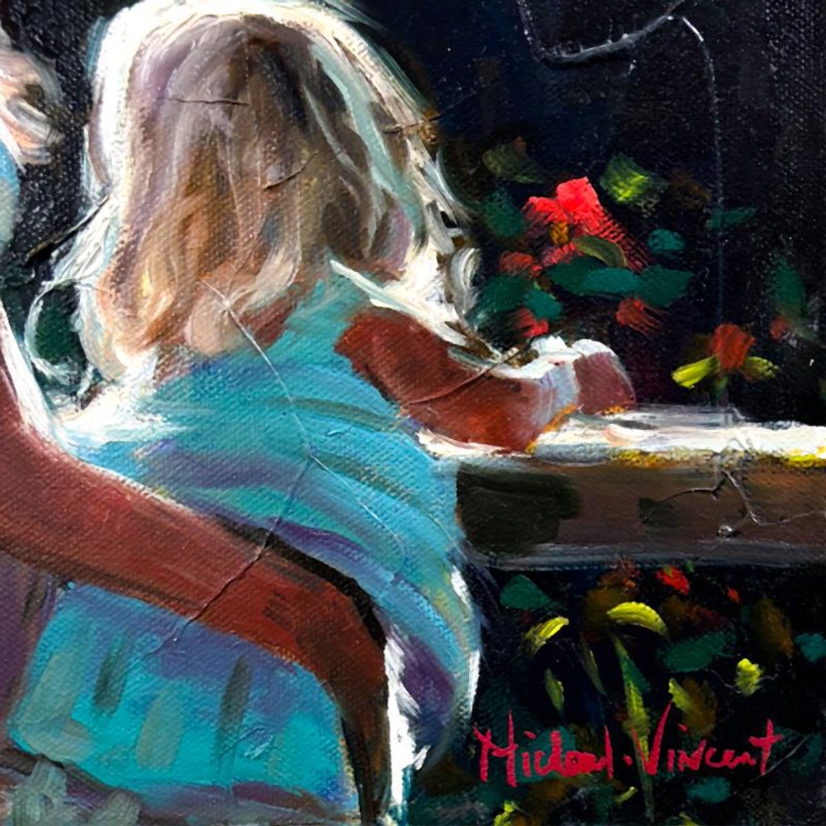 Michael Vincent, "First Red Flower" Original Painting on Canvas, Hand Signed with Letter of Authenticity.