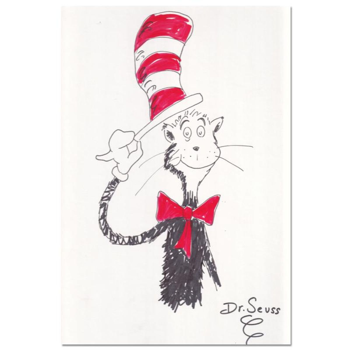 Dr. Seuss (1904-1991), "Cat Tips His Hat" Hand Signed Original Art with Letter of Authenticity.