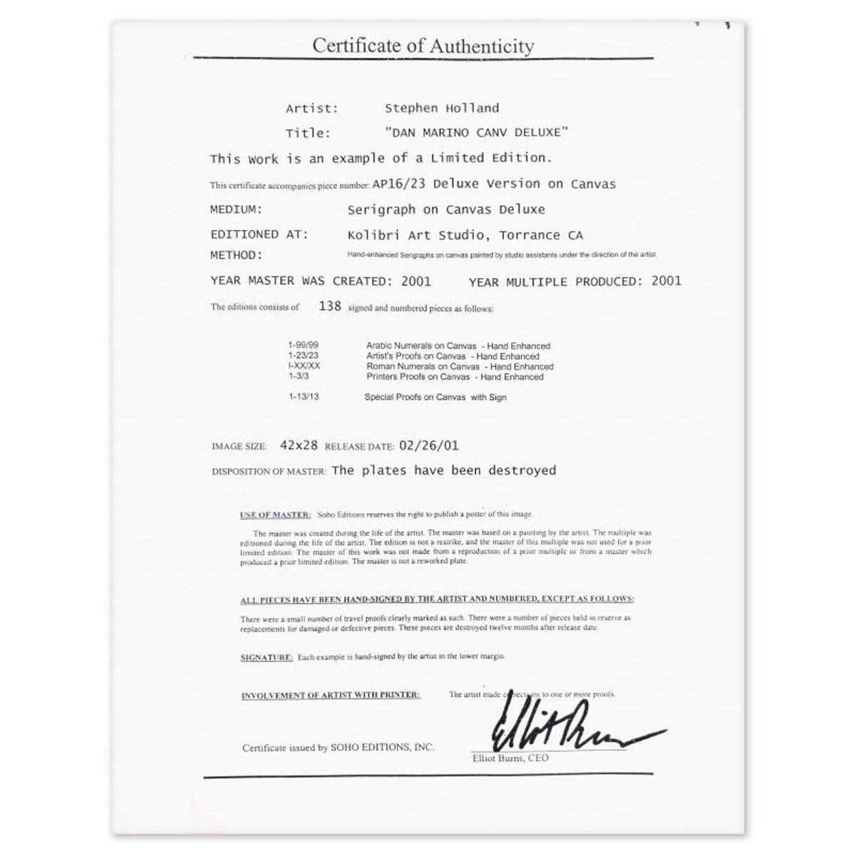 Stephen Holland, "Dan Marino" Hand Enhanced Limited Edition Serigraph on Canvas, AP Numbered 16/23 and Hand Signed by the Artist and Dan Marino with Certificate of Authenticity.