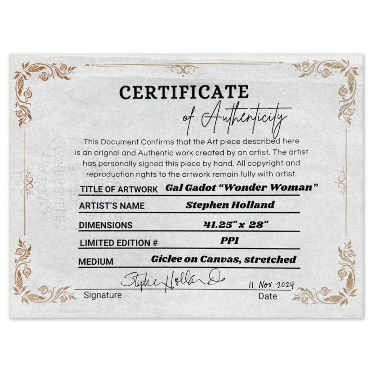 Stephen Holland, "Gal Gadot: Wonder Woman" Limited Edition on Canvas, PP Numbered 1 and Hand Signed with Certificate of Authenticity.