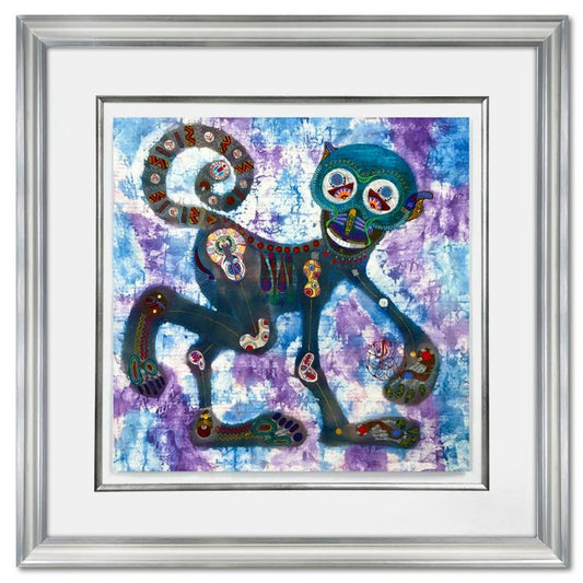 Lu Hong, "Chinese Zodiac - Metal Monkey" Framed Original Mixed Media Painting, Hand Signed with Letter of Authenticity.