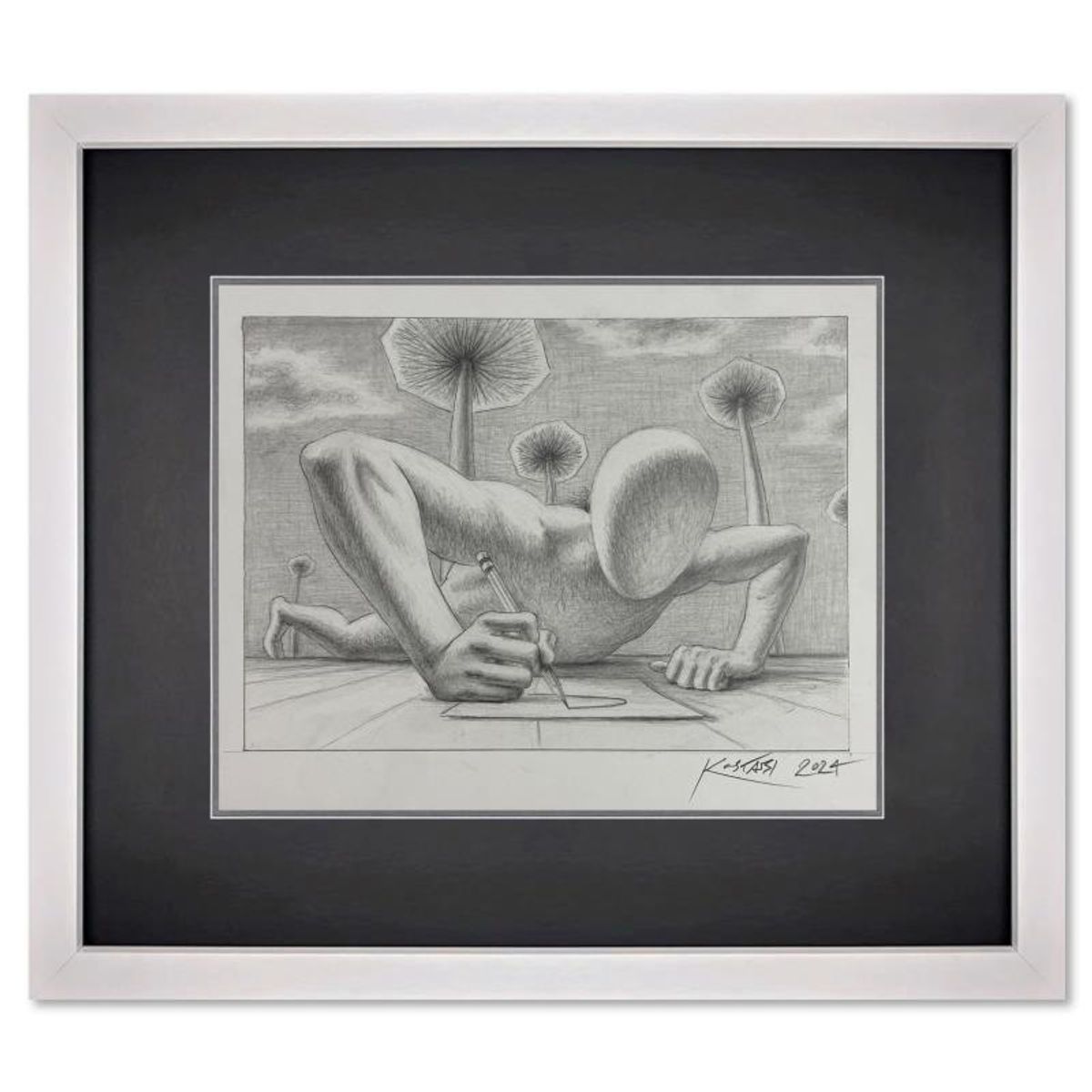 Mark Kostabi, "Fast Forward" Framed Original Drawing on Paper, Hand Signed with Certificate of Authenticity