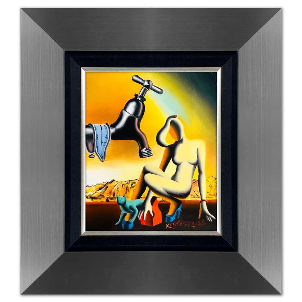 Mark Kostabi, "When Time Bends for Grace" Framed Original Oil Painting on Canvas, Hand Signed with a Certificate of Authenticity.