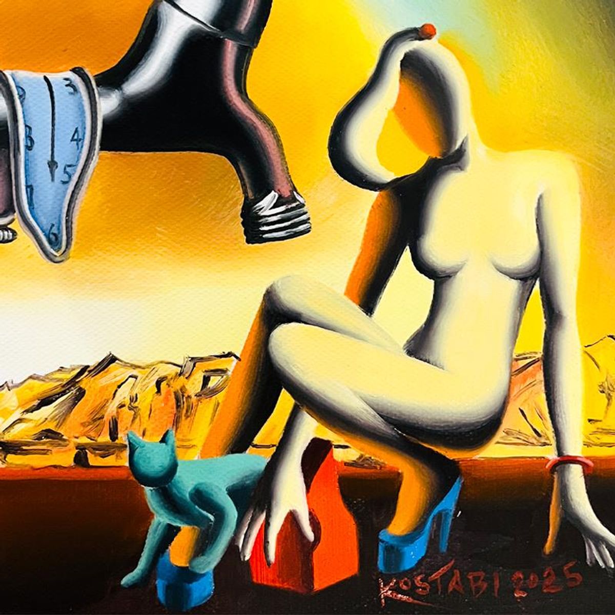 Mark Kostabi, "When Time Bends for Grace" Framed Original Oil Painting on Canvas, Hand Signed with a Certificate of Authenticity.
