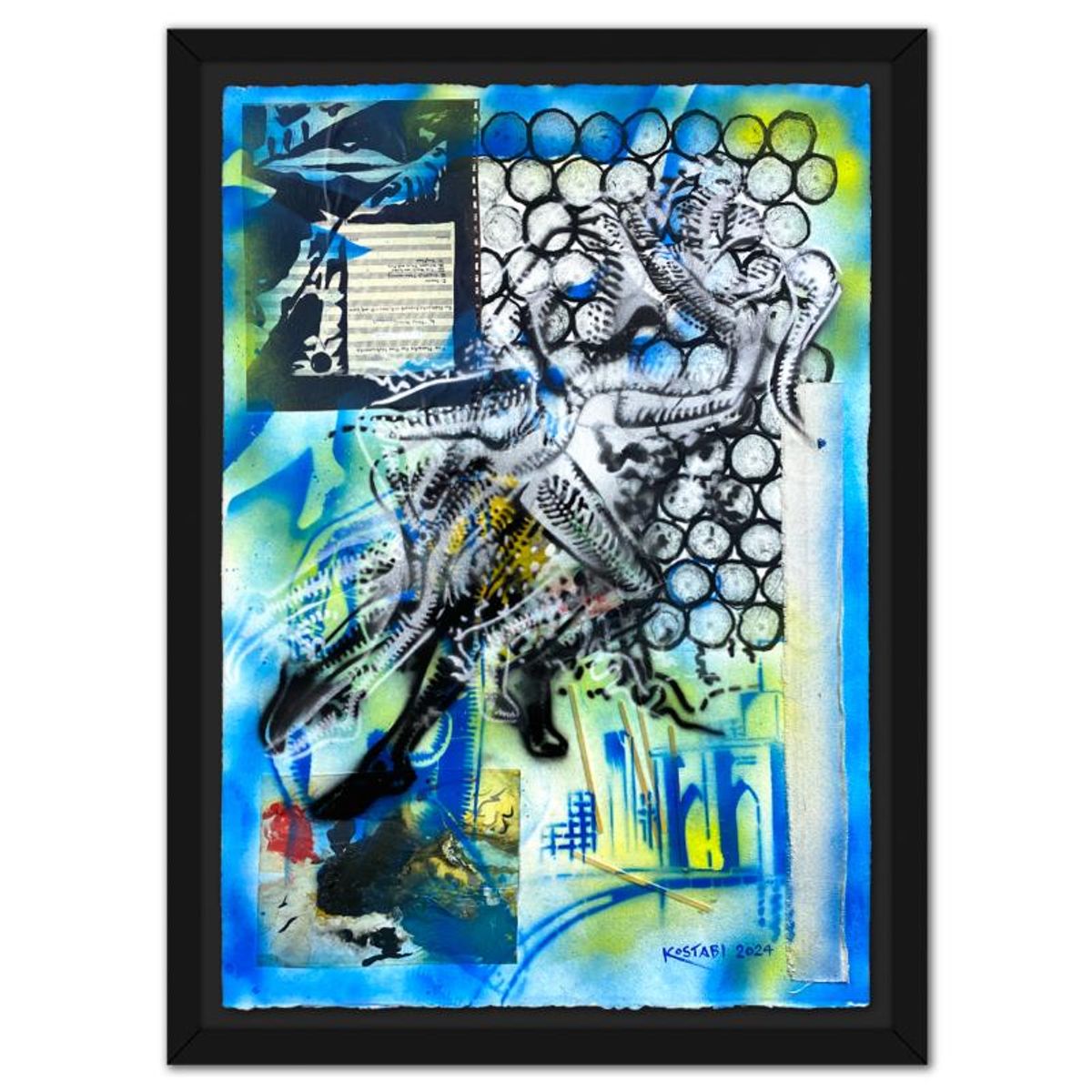 Mark Kostabi, "Harmony in Motion" Framed Original Mixed Media Painting, Hand Signed with Certificate of Authenticity.