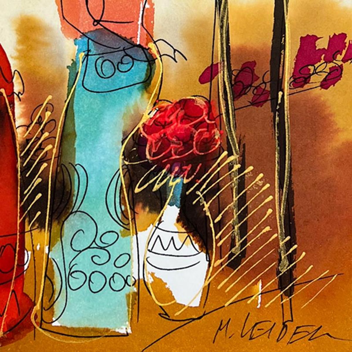 Moshe Leider, Framed Original Mixed Media Watercolor Painting, Hand Signed with Letter of Authenticity.