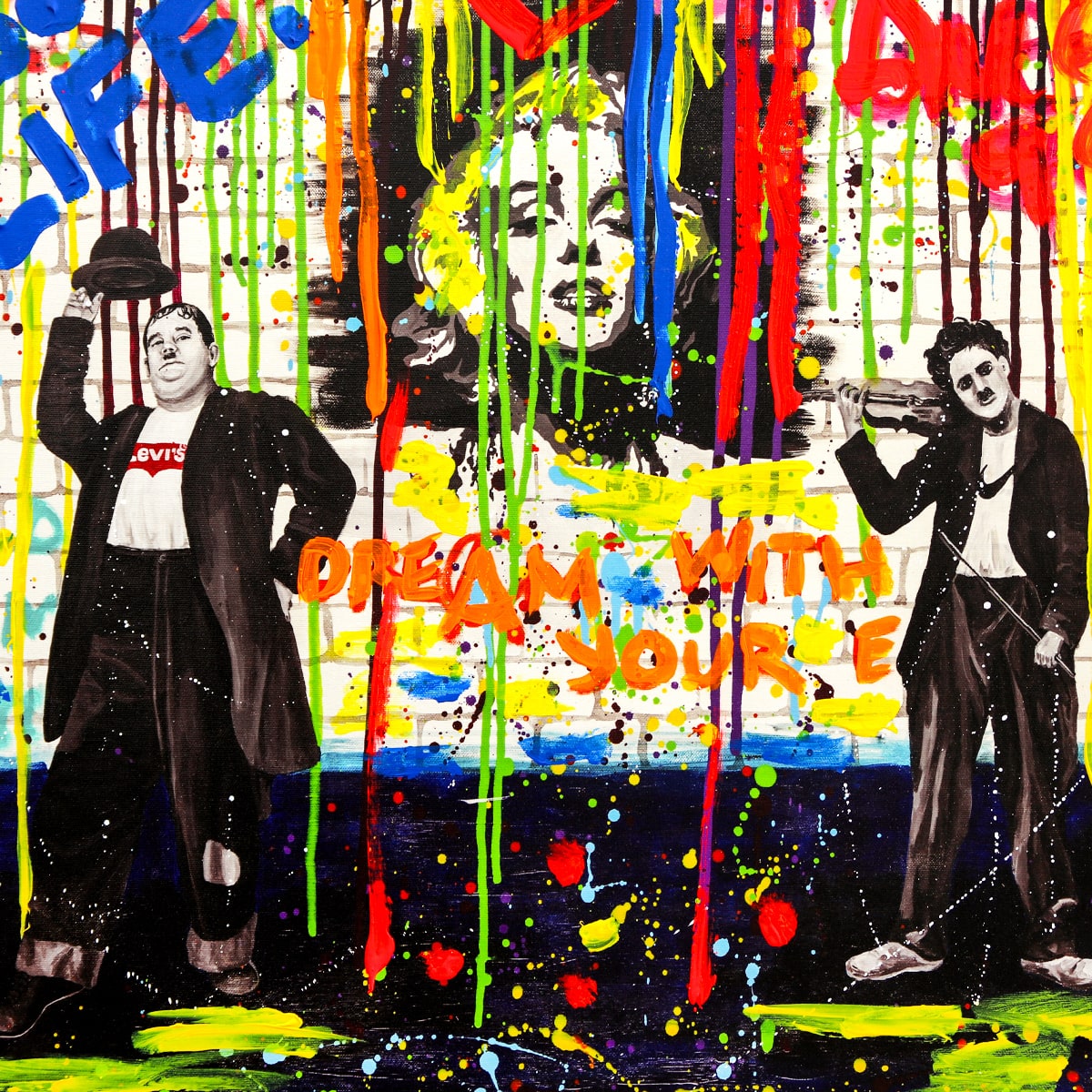 Nastya Rovenskaya- Mixed Media on Canvas "Chaplin and Hardy"