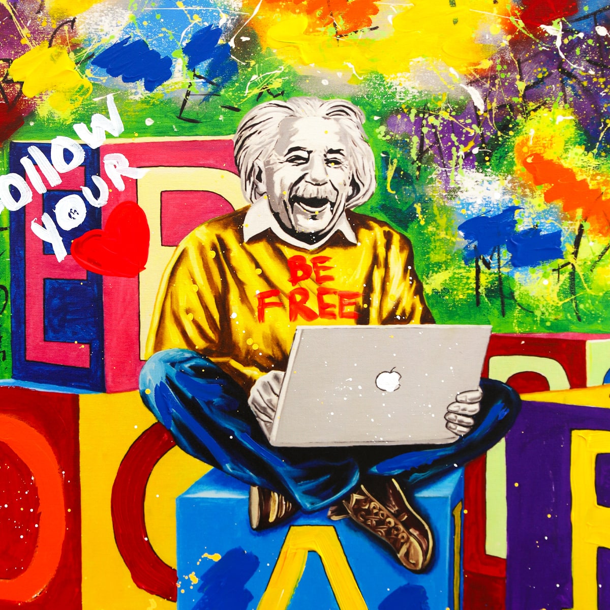 Nastya Rovenskaya- Mixed Media on Canvas "Einstein's Laptop"