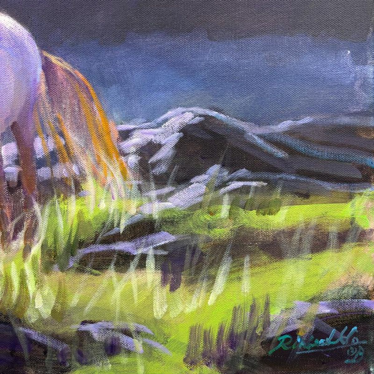 Richard Ho, "Under the Waterfall" Original Acrylic Painting on Canvas, Hand Signed with Letter of Authenticity.