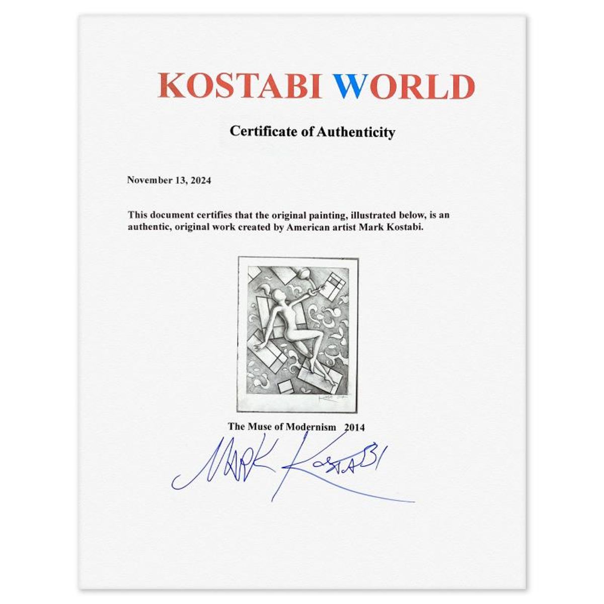 Mark Kostabi, "The Muse of Modernism" Framed Original Drawing on Paper, Hand Signed with Certificate of Authenticity