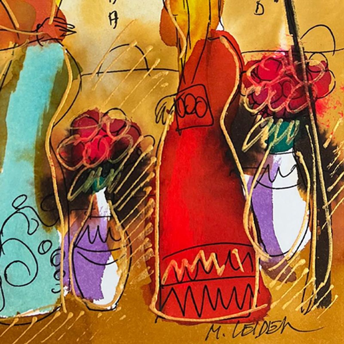 Moshe Leider, Framed Original Mixed Media Watercolor Painting, Hand Signed with Letter of Authenticity.