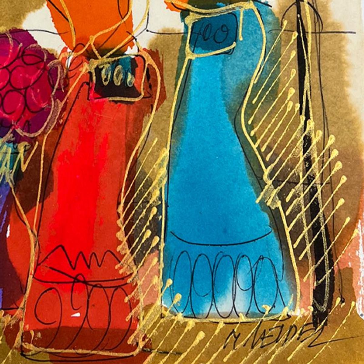 Moshe Leider, Framed Original Mixed Media Watercolor Painting, Hand Signed with Letter of Authenticity.