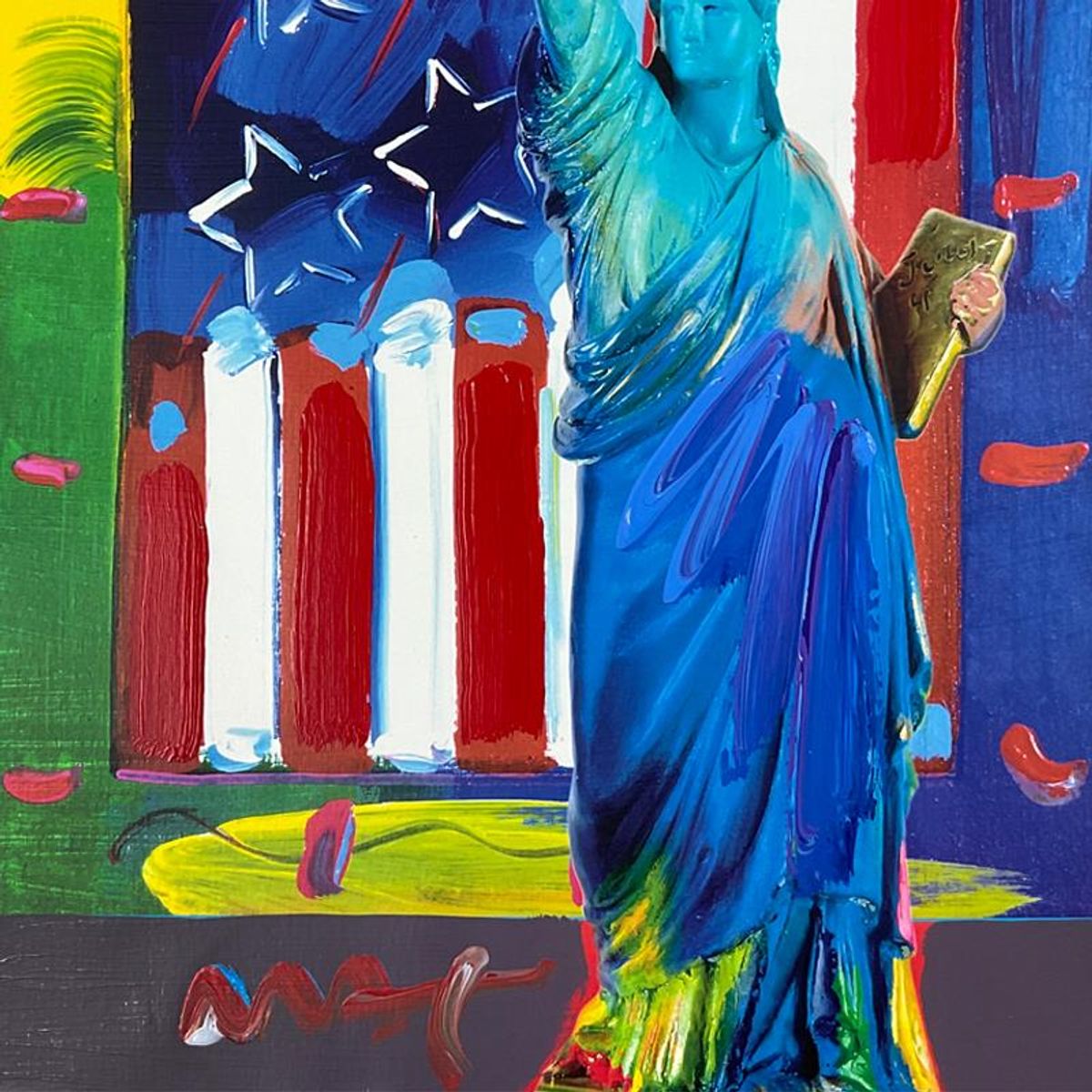 Peter Max, "Full Liberty with Flag" Framed One-of-a-Kind Acrylic Mixed Media, Hand Signed with Registration Number Certifying Authenticity