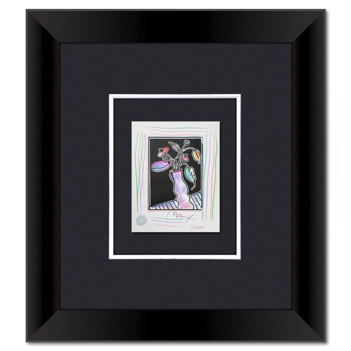 Peter Max, "Vase of Flowers I" Framed One-of-a-Kind Mixed Media, Hand Signed with Registration Number Certifying Authenticity.