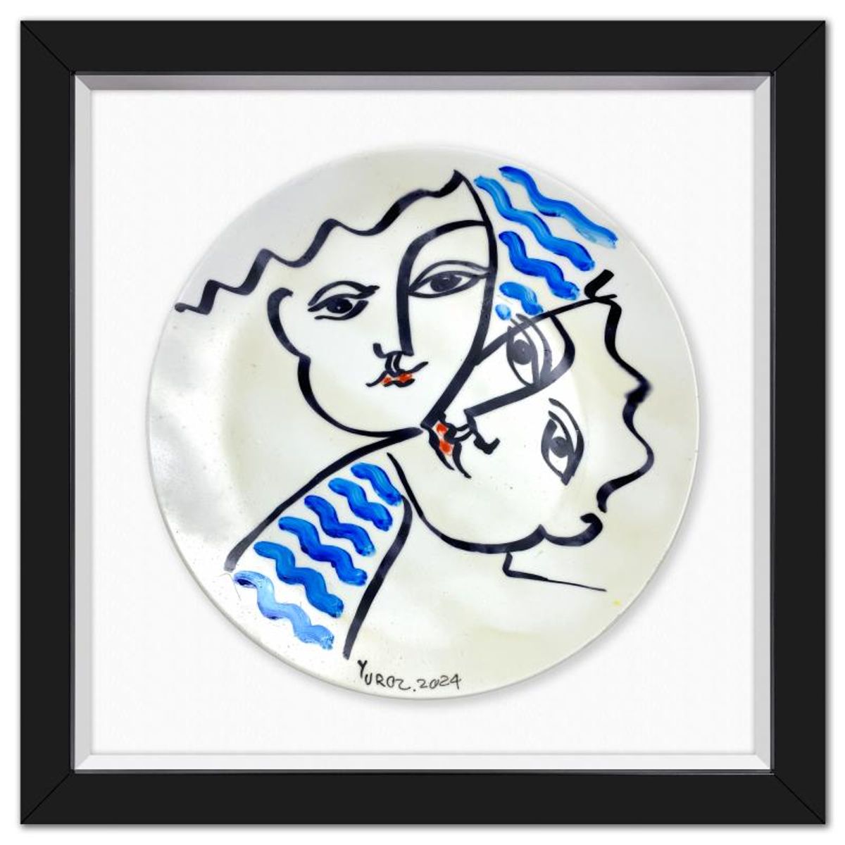 Yuroz, Framed Hand Painted Ceramic Plate, Hand Signed with Letter of Authenticity.