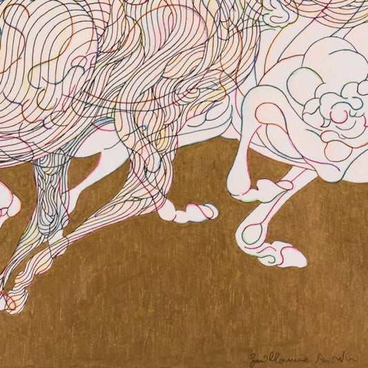 Guillaume Azoulay, "Etude Trois Chevaux" Framed Original Hand Colored Drawing with Hand Laid Gold Leaf, Hand Signed with Letter of Authenticity