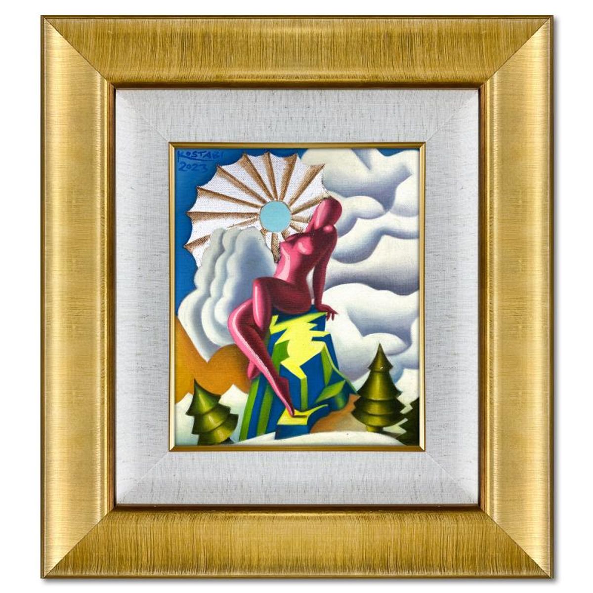 Mark Kostabi, "The Summit of Promise" Framed Original Oil Painting on Canvas, Hand Signed with Letter of Authenticity.