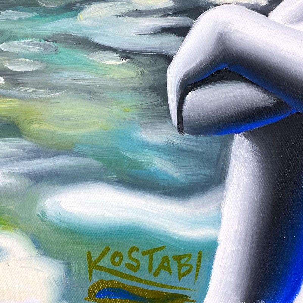 Mark Kostabi, "Transcendant Reflection" Framed Original Oil Painting on Canvas, Hand Signed with COA