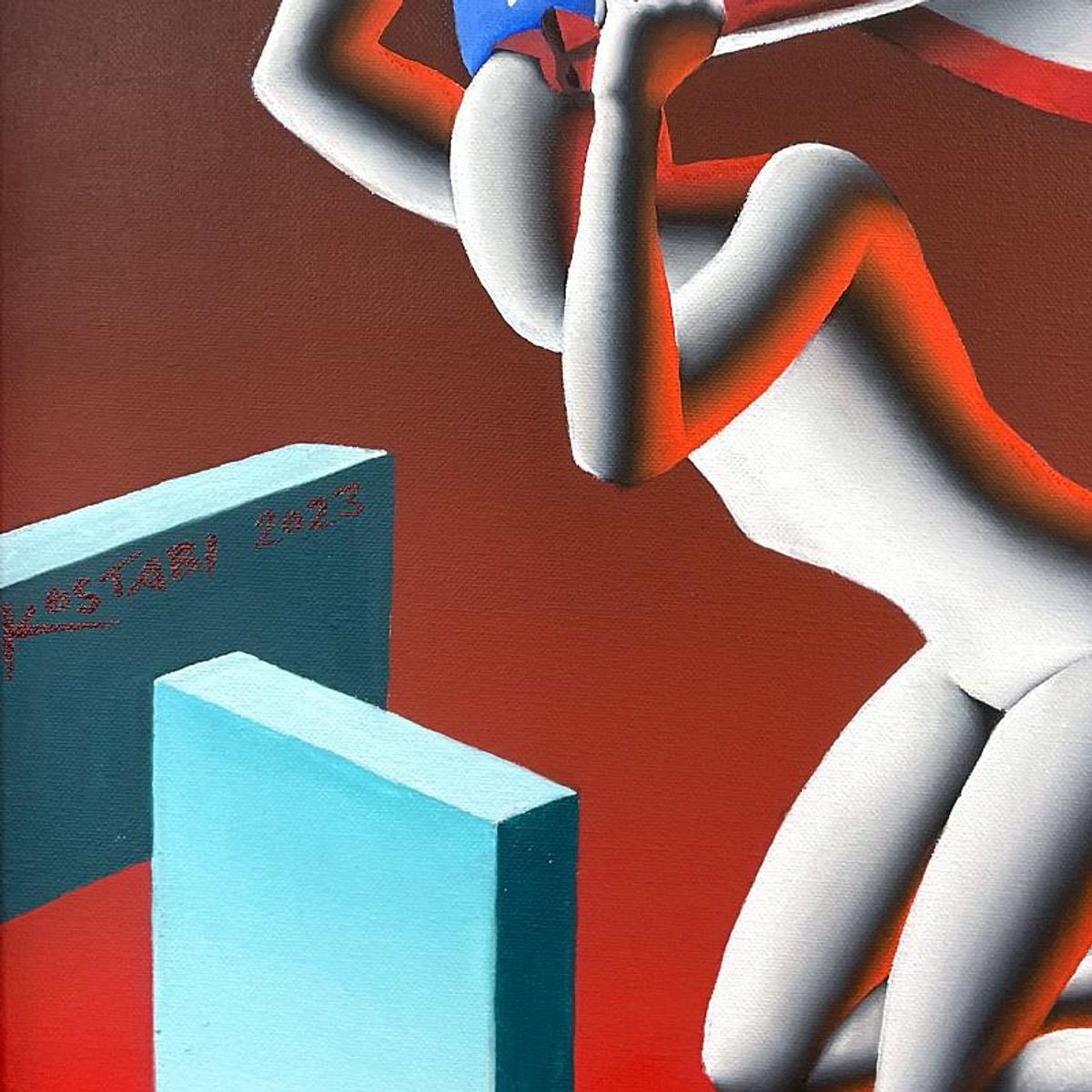 Mark Kostabi, "Just Between Us" Framed Original Oil Painting on Canvas, Hand Signed with Letter of Authenticity