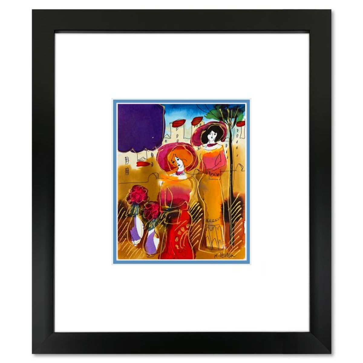 Moshe Leider, Framed Original Mixed Media Watercolor Painting, Hand Signed with Letter of Authenticity.