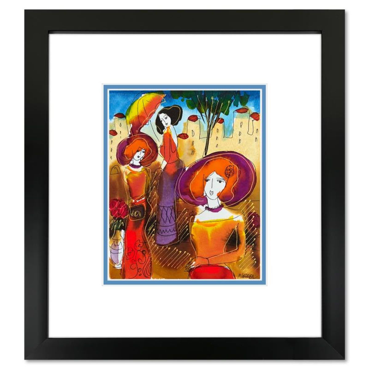 Moshe Leider, Framed Original Mixed Media Watercolor Painting, Hand Signed with Letter of Authenticity.