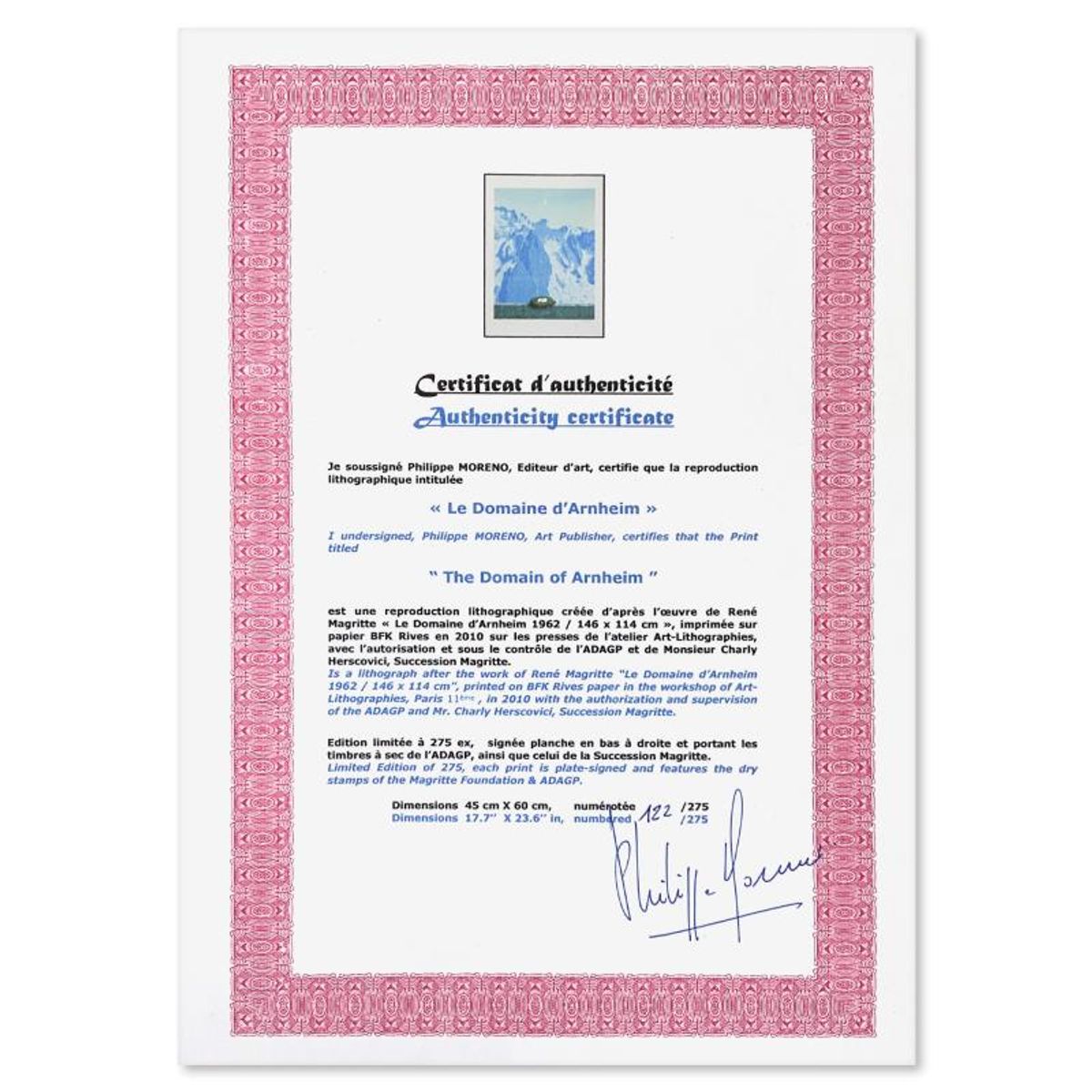 Rene Magritte 1898-1967 (After), "Le Domaine d'Arnheim (The Domain of Arnheim)" Framed Limited Edition Lithograph, Estate Signed and Numbered 122/275 with Certificate of Authenticity.